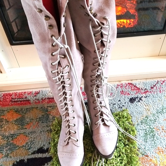 JEFFREY CAMPBELL FREE PEOPLE Over The Knee OTK JOE Grey Lace Up Heels Boots 8.5 - Picture 5 of 16